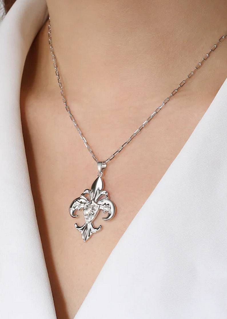 Saints and Saviors Fleur De Lis Silver Pendant Necklace on model