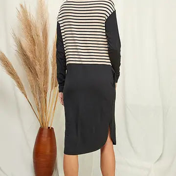 High Neck Long Sleeve Stripe Contrast Dress - Athena's Fashion Boutique