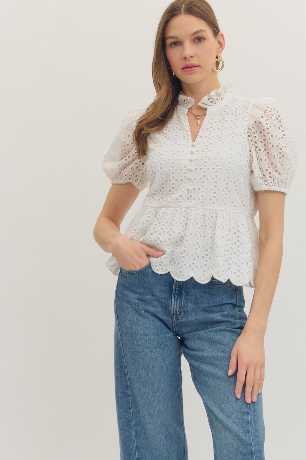 Entro | Winona Eyelet Peplum Top | Sweetest Stitch Boutique Richmond