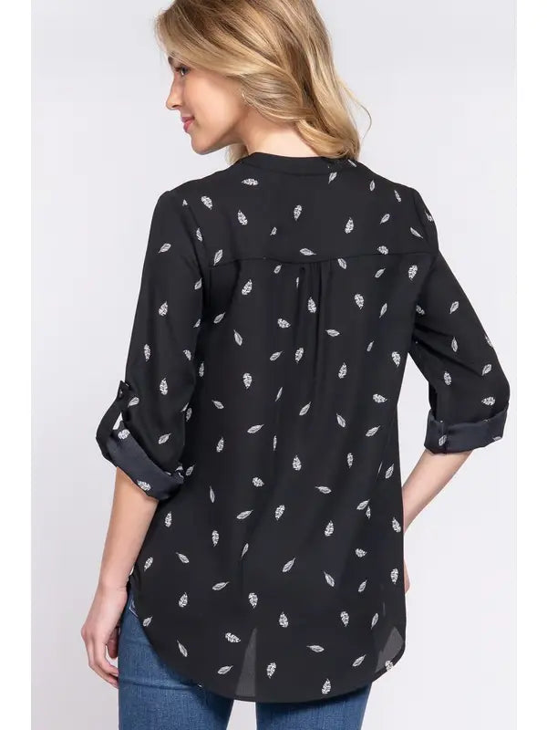 3/4 Roll Up Sleeve V-Neck Feather Print Woven Blouse - Athena's Fashion Boutique