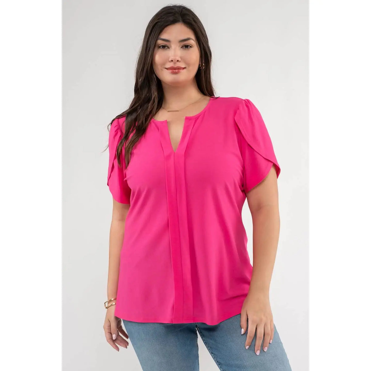 Pink Plus Drape Sleeve Split Neck Short Sleeve Blouse - Athena's Fashion Boutique