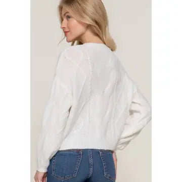 Ivory Long Sleeve Crew Neck Cable Detail Sweater - Athena's Fashion Boutique