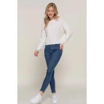 Ivory Long Sleeve Crew Neck Cable Detail Sweater - Athena's Fashion Boutique