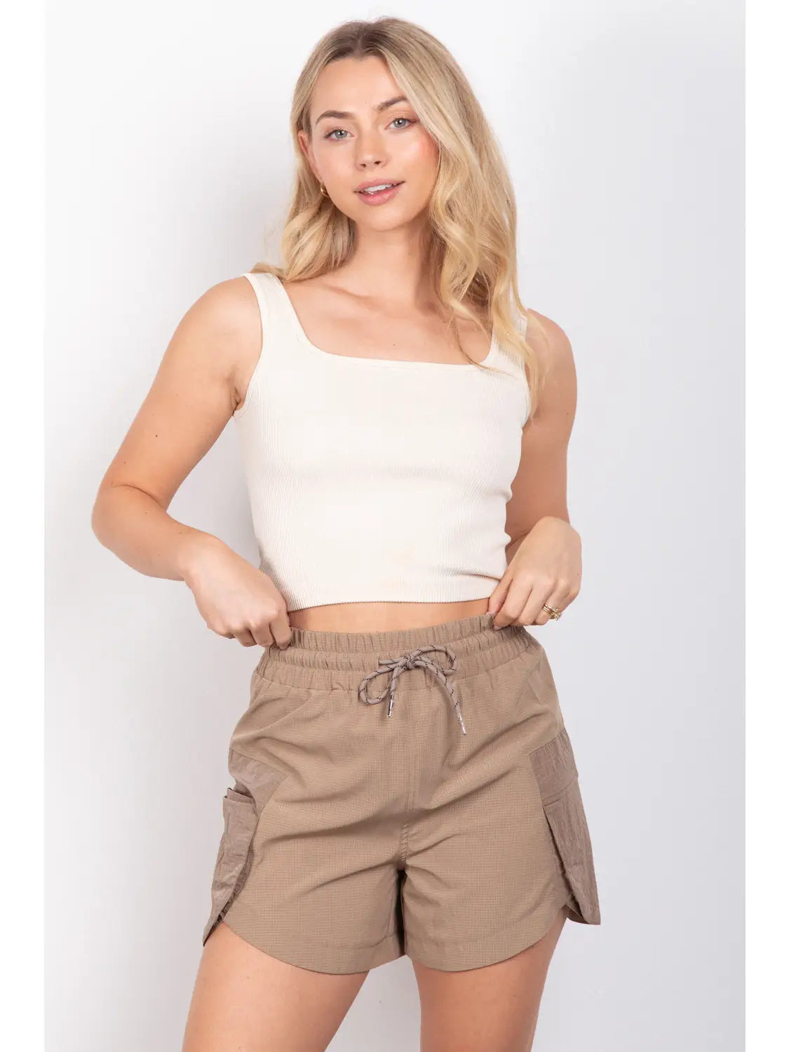 Mocha Elastic Waist Activewear Cargo Shorts