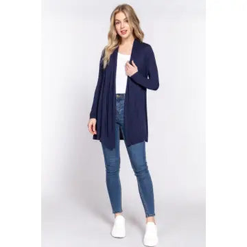 Women's Navy Long Sleeve Front Open Rayon Jersey Long Cardigan
