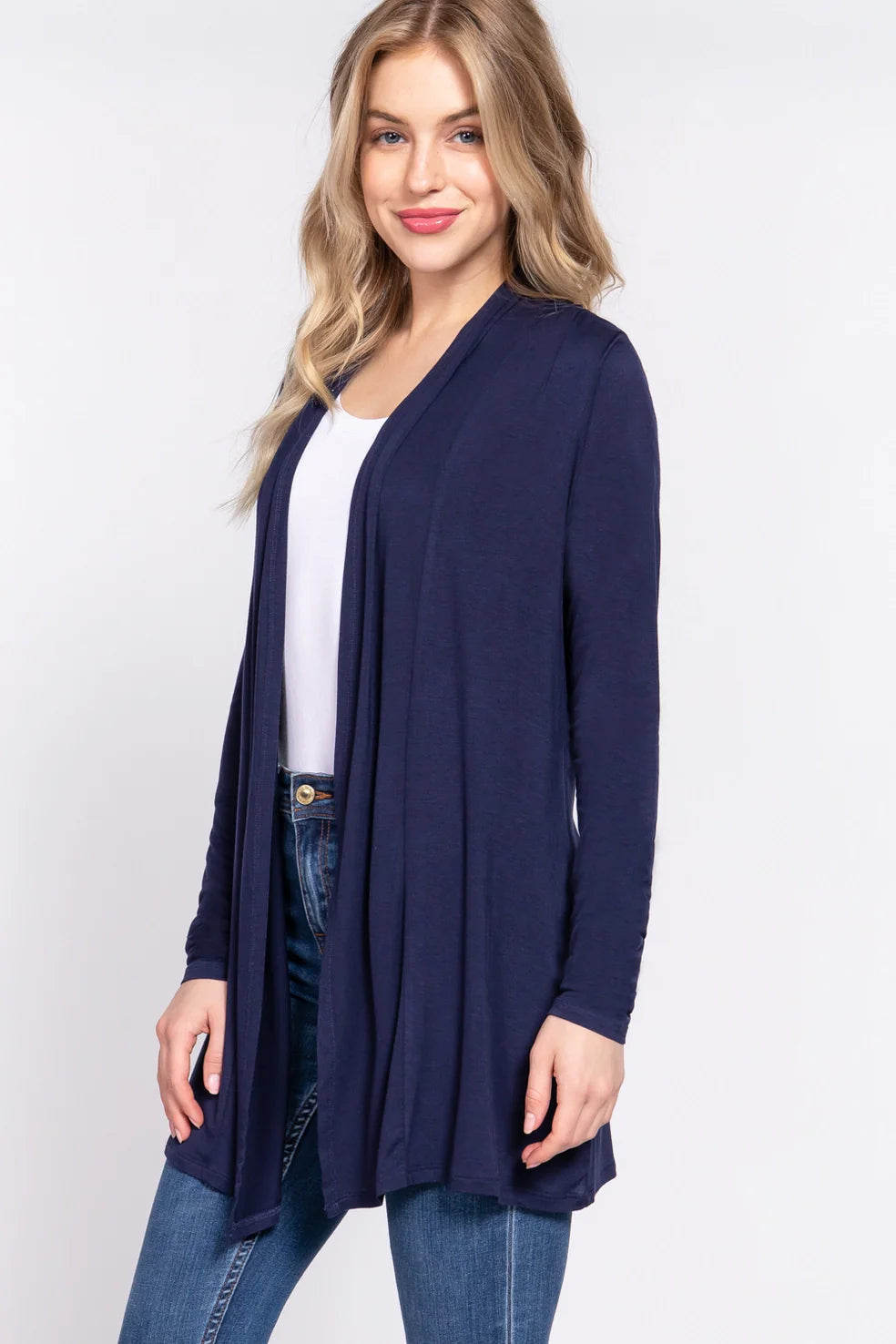 Women's Navy Long Sleeve Front Open Rayon Jersey Long Cardigan