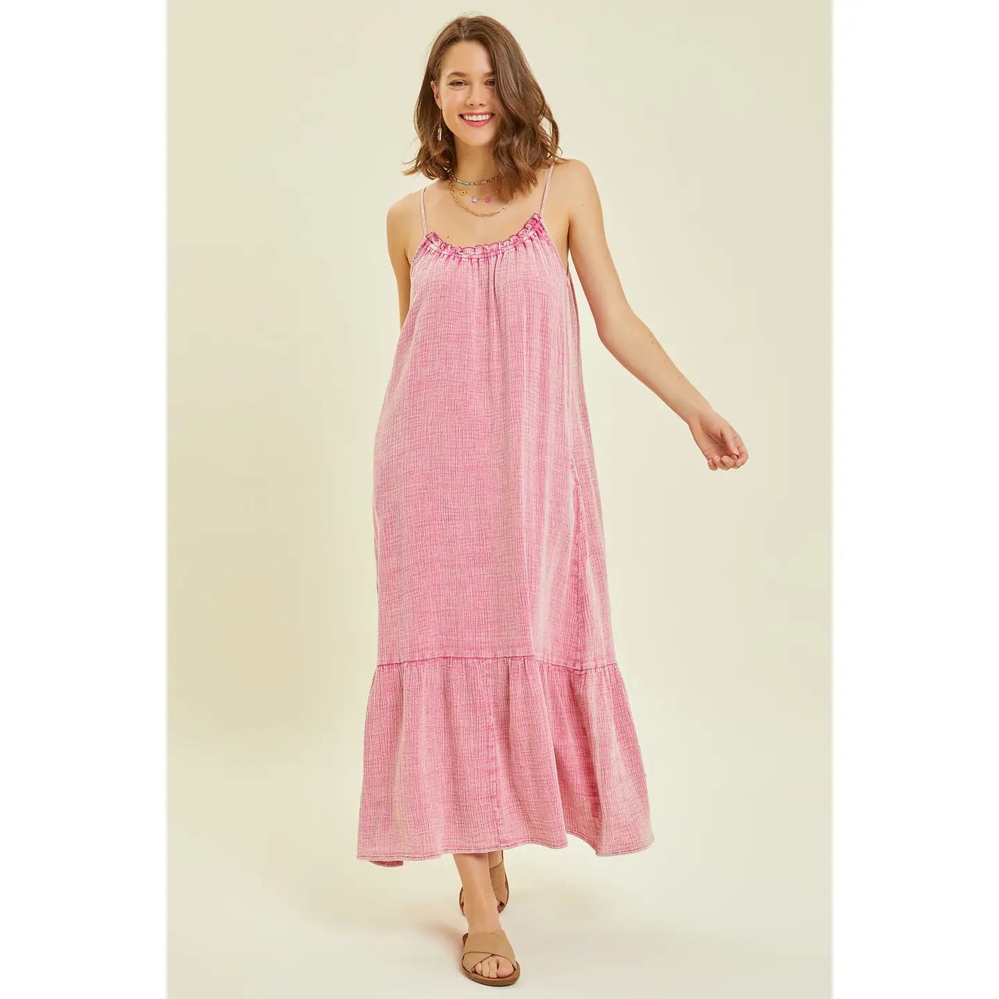 Plus Mineral-Washed Gauze Midi Dress with Pockets