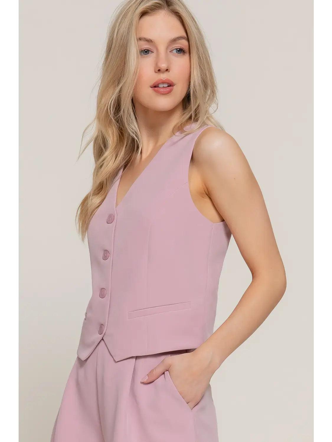 Pink V-Neckline with Front Button Closure Vest
