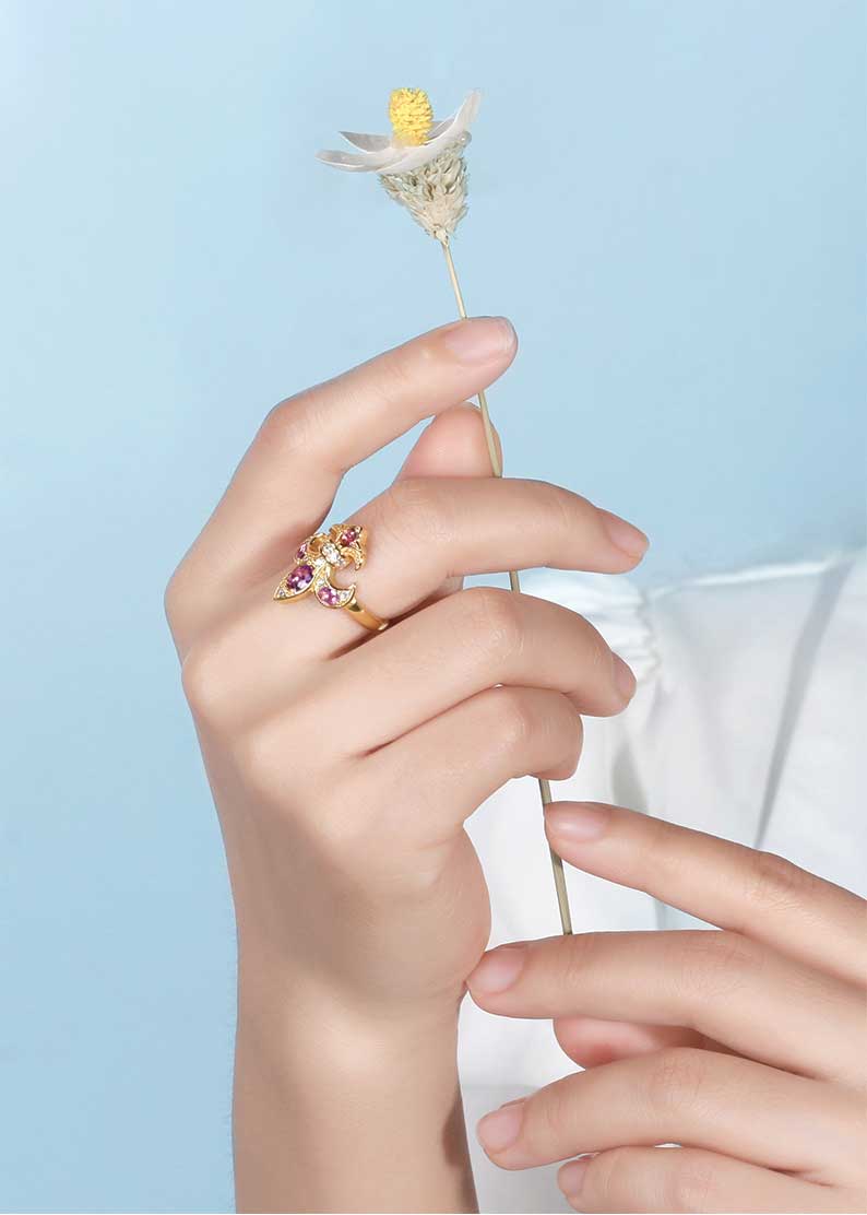 Saints and Saviors Fleur De Lis Amethyst Diamond Ring on model