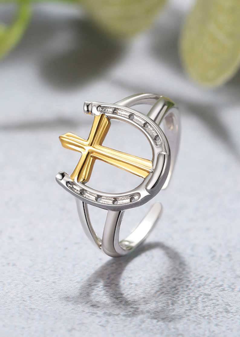 Saints and Saviors Rider's Prayer Ring Cross in Horseshoe two-tone