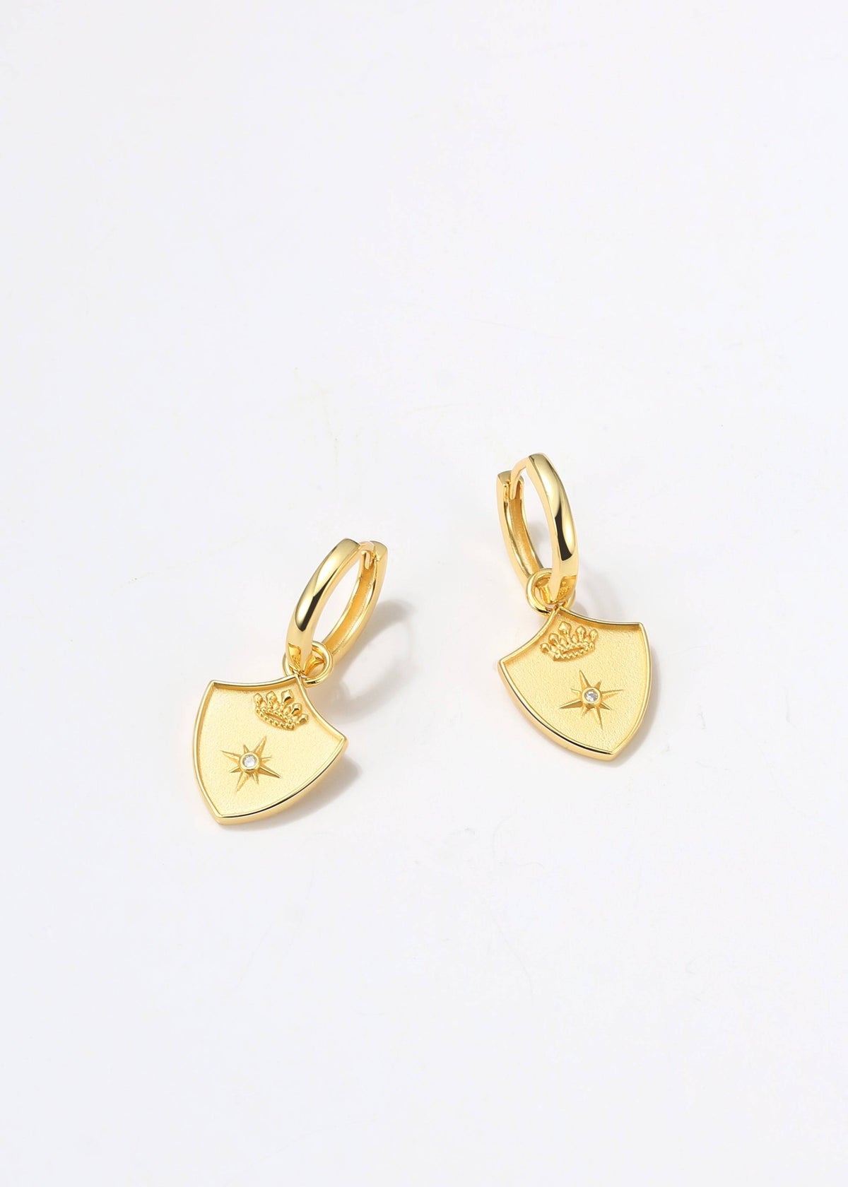 Saints & Saviors Gold Crown Shield Huggie Earrings
