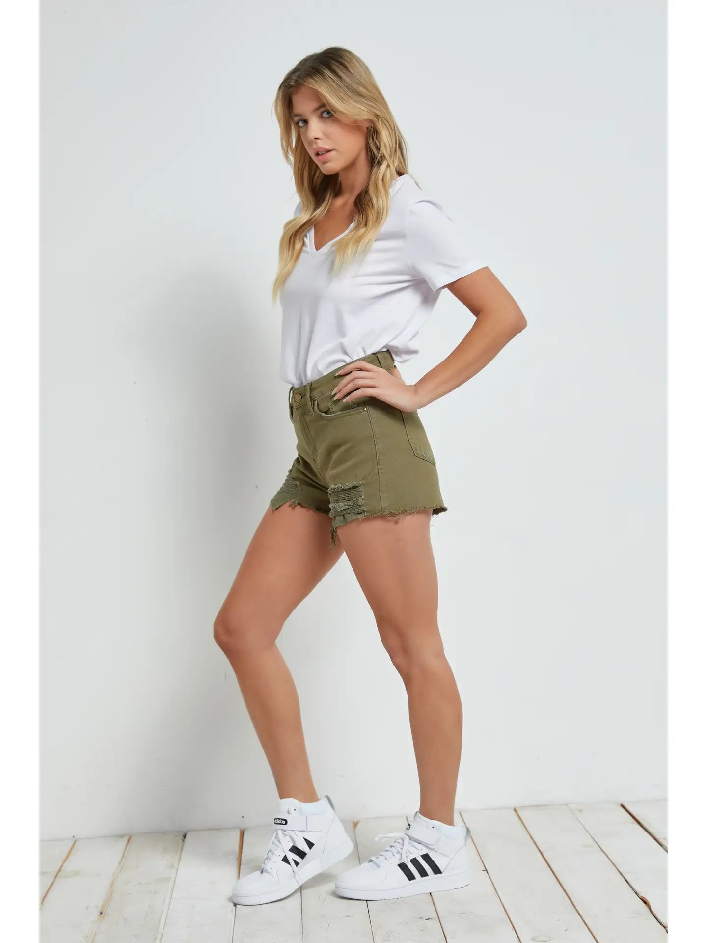 Mica Denim Olive Green Denim High Rise Shorts
