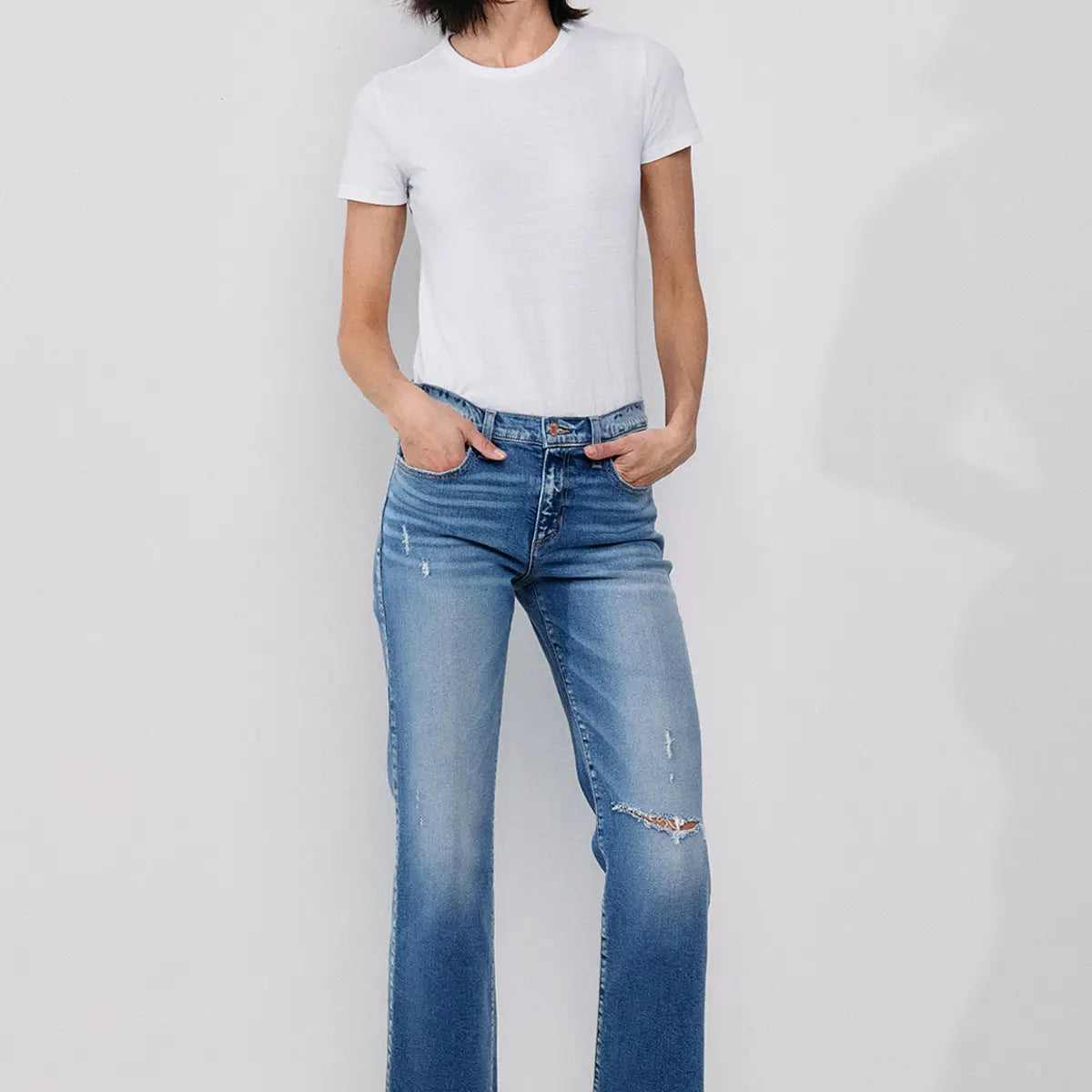 SneakPeek Mid Rise Straight Jeans with Knee Rips - Athena's Fashion Boutique