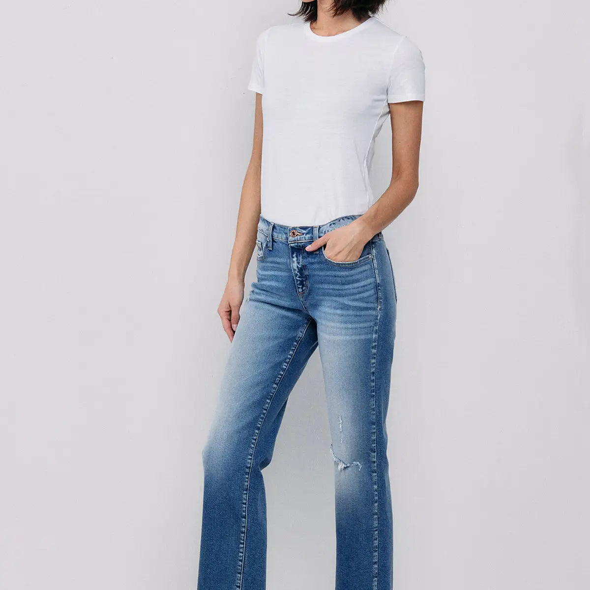 SneakPeek Mid Rise Straight Jeans with Knee Rips - Athena's Fashion Boutique