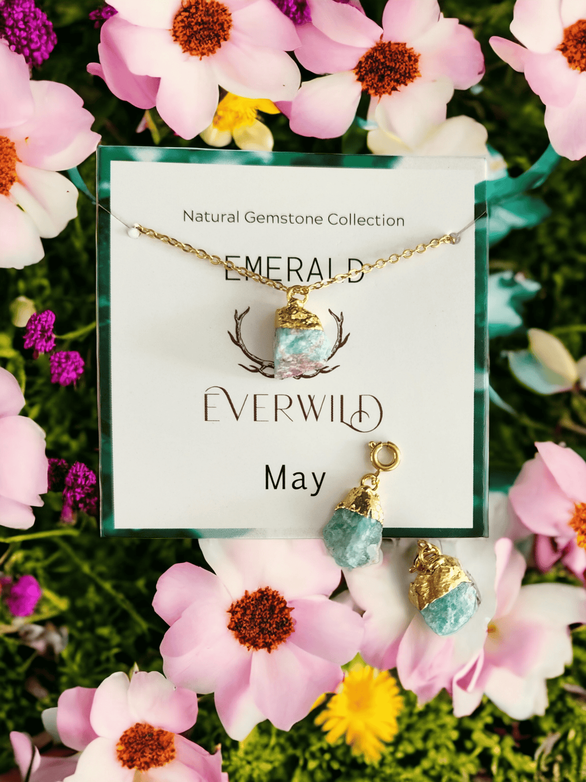 Raw Natural Gemstone Nugget Birthstone Necklace - May Emerald