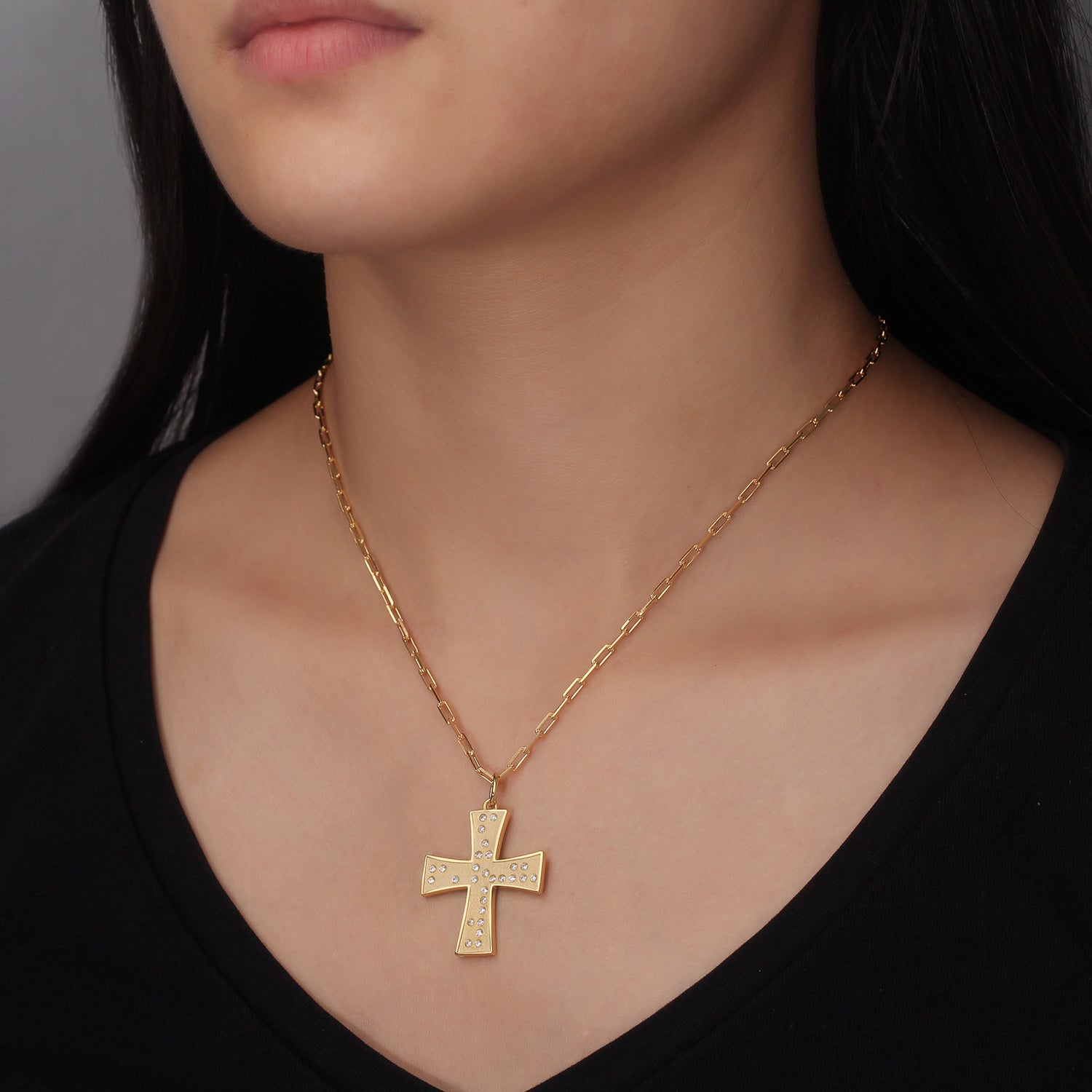 Touchstone Cross Faith/Family Braille CrystalsNecklace Gold on Model