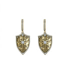 Antique Gold shield-shaped earrings with intricate designs and channel cut crystals on a white background