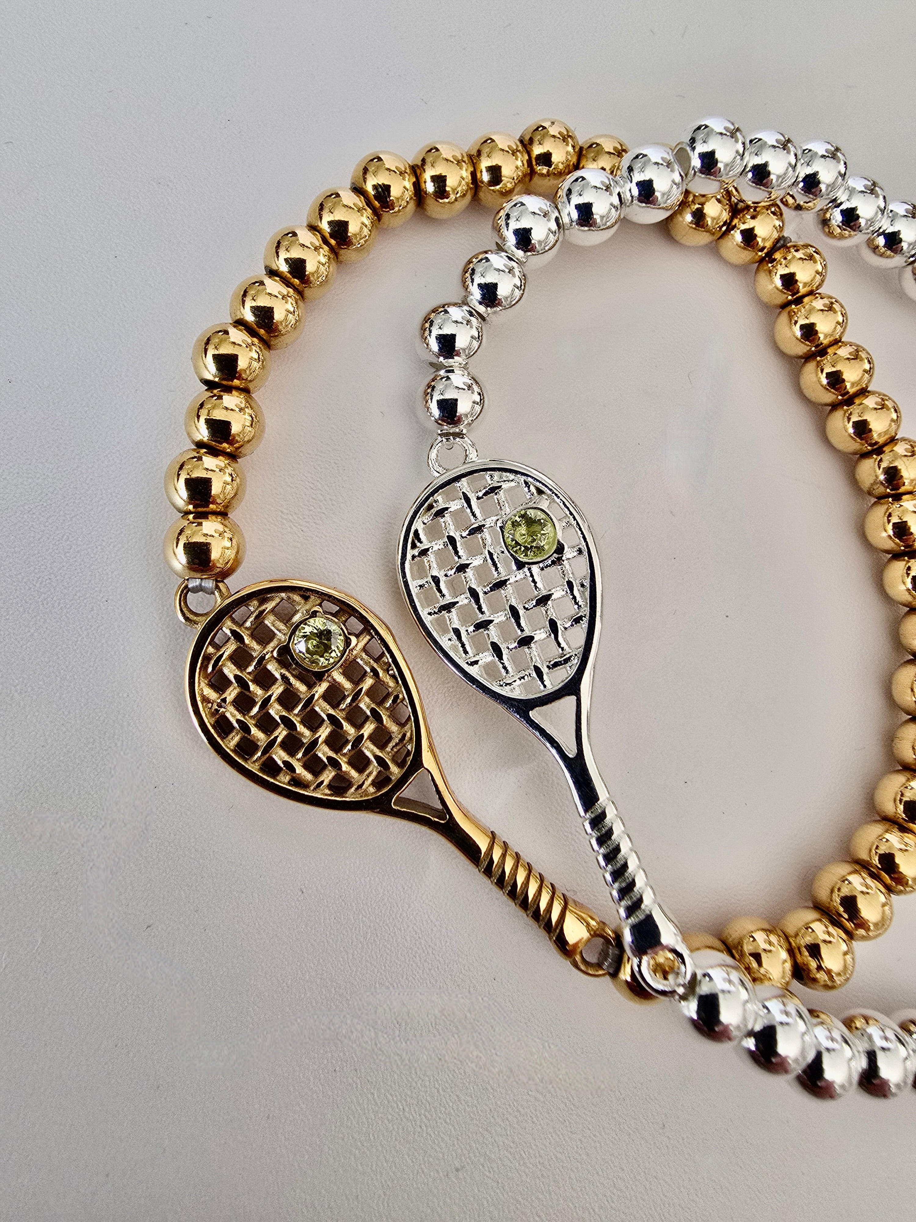 Lovematch two stretch beaded Bracelets with tennis racquet charm one gold and one silver