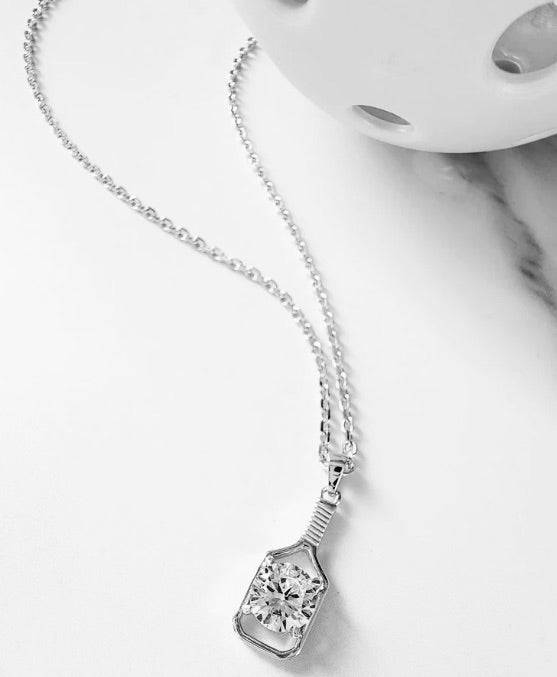 Pickleball Solitaire Paddle and Crystal Stone Silver Necklace