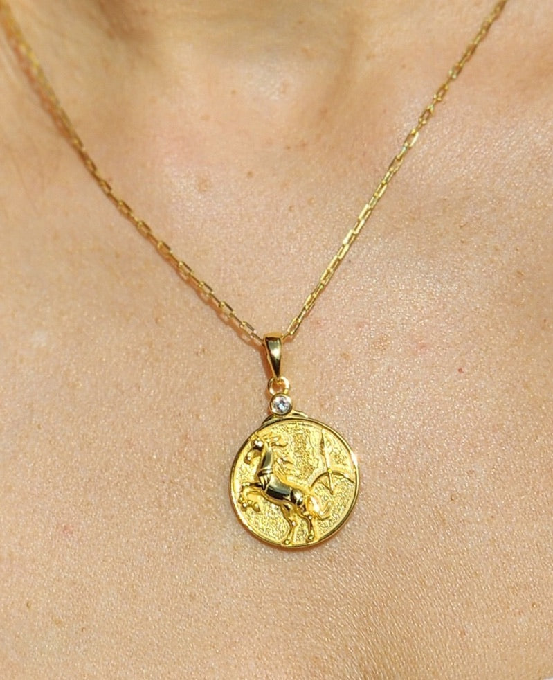 Gold Zodiac Necklace on a neckline to show scale