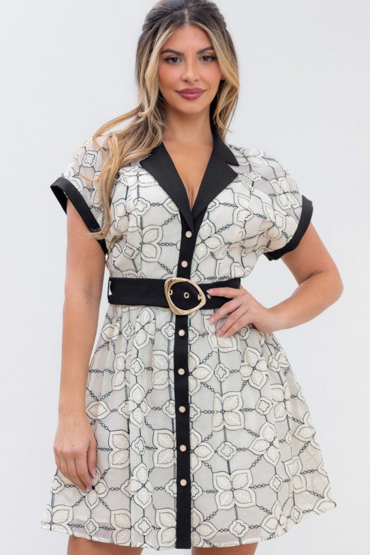 Embroidered Floral Fit &amp; Flare Collared Mini Dress – Cream Multi - Yayas Glam & Gift Shop