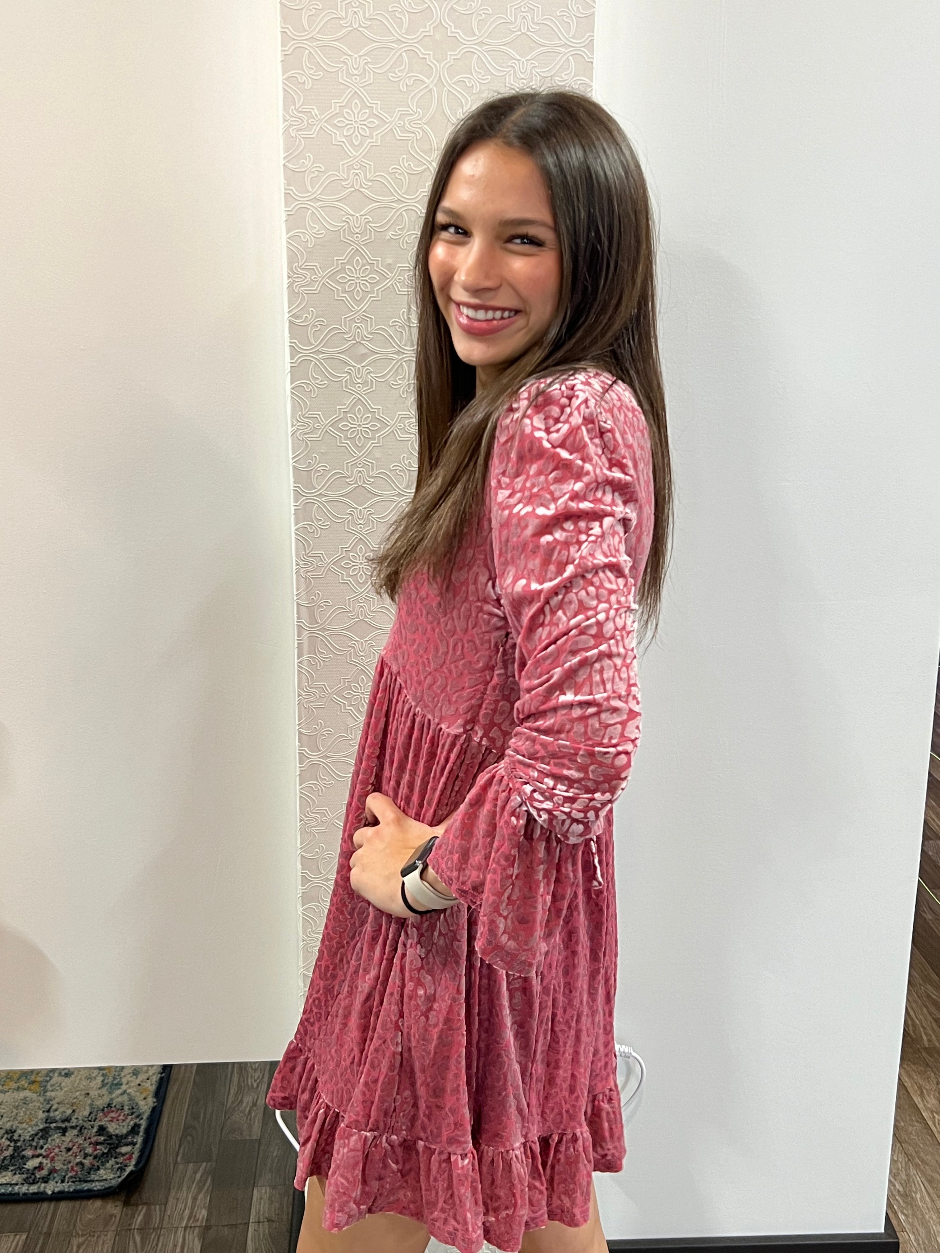 Pink Leopard Velvet Ruffled Holiday Mini Dress - Athena's Fashion Boutique