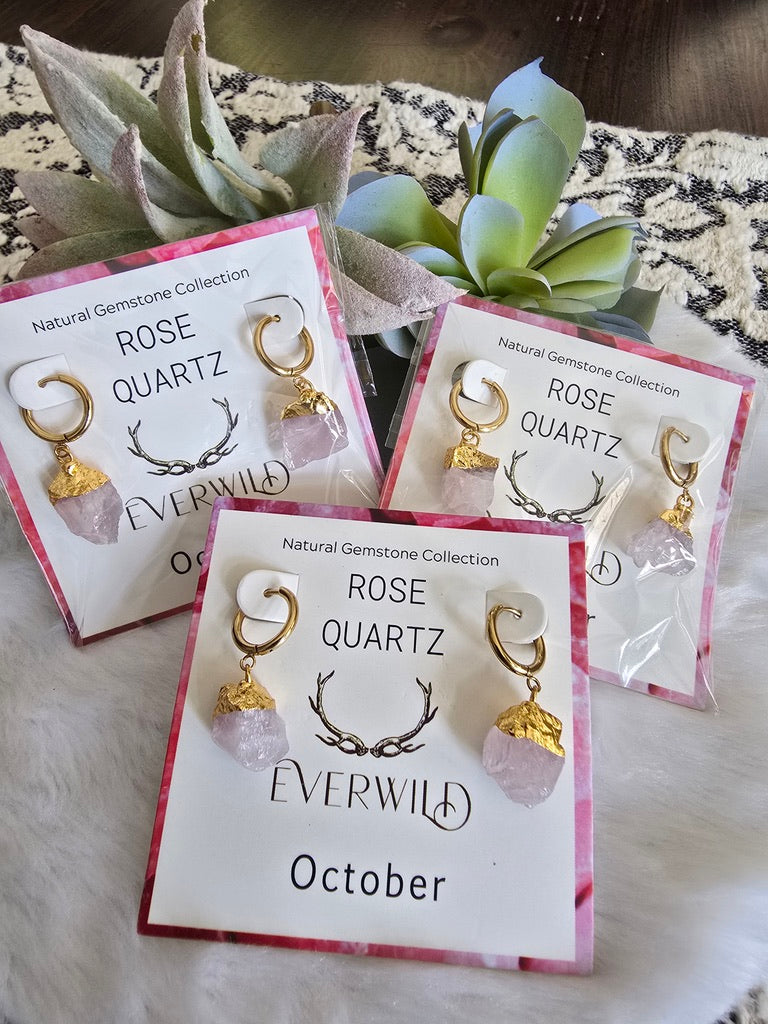 Rose Quartz October Birthstone earrings on cards with 'Everwild' branding, placed on a textured surface with succulents.