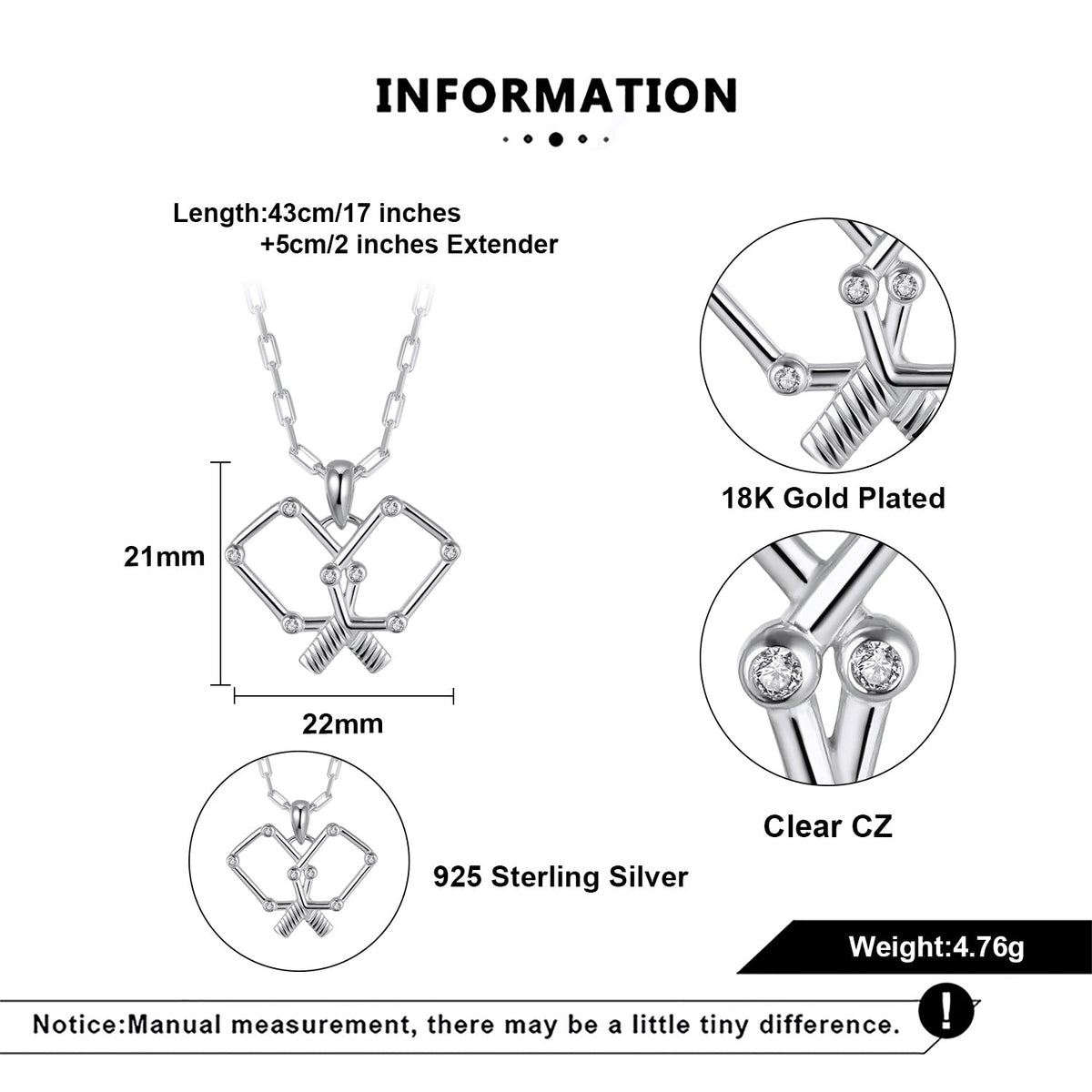 Jewelry information card with pickleball necklace details including length, material, and features.