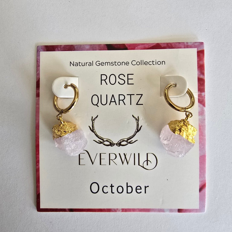 Rose Quartz earrings on a branded card with 'Everwild' and 'October' text.