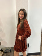 Rust Leopard Velvet Ruffled Holiday Mini Dress - Athena's Fashion Boutique