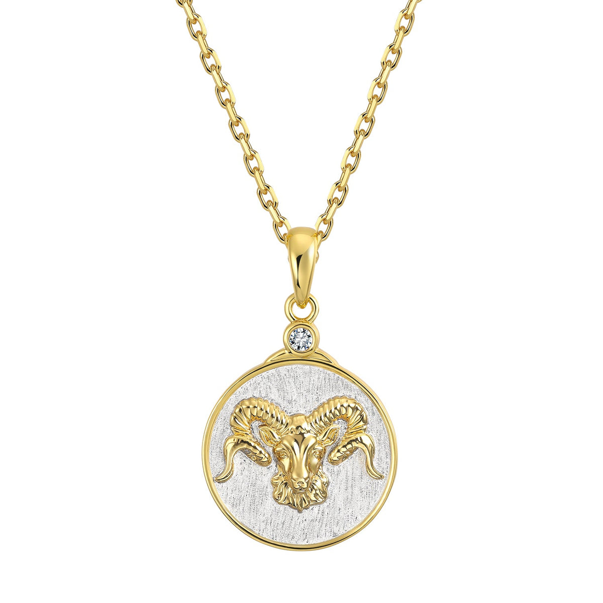 Gold and silver necklace with a zodiac Aries ram pendant on a white background