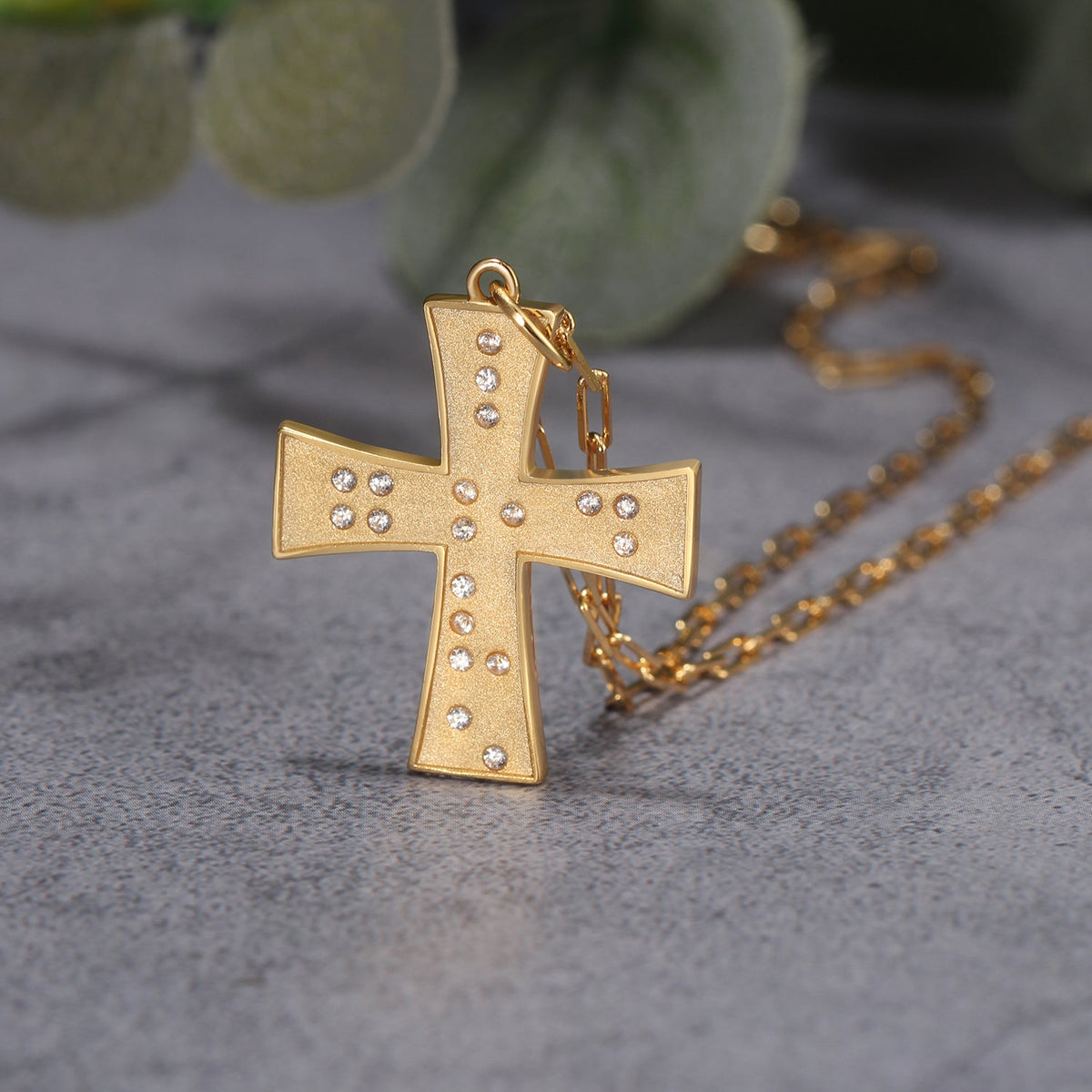 Touchstone Cross God/Love in Braille Crystals Necklace Gold