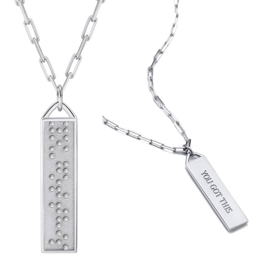 Touchstone You Got This Bar Necklace Silver "You Got This" in Braille Crystals and engraved in plain text on reverse