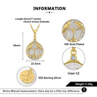 Gold and silver pendant with detailed measurements and specifications on a white background