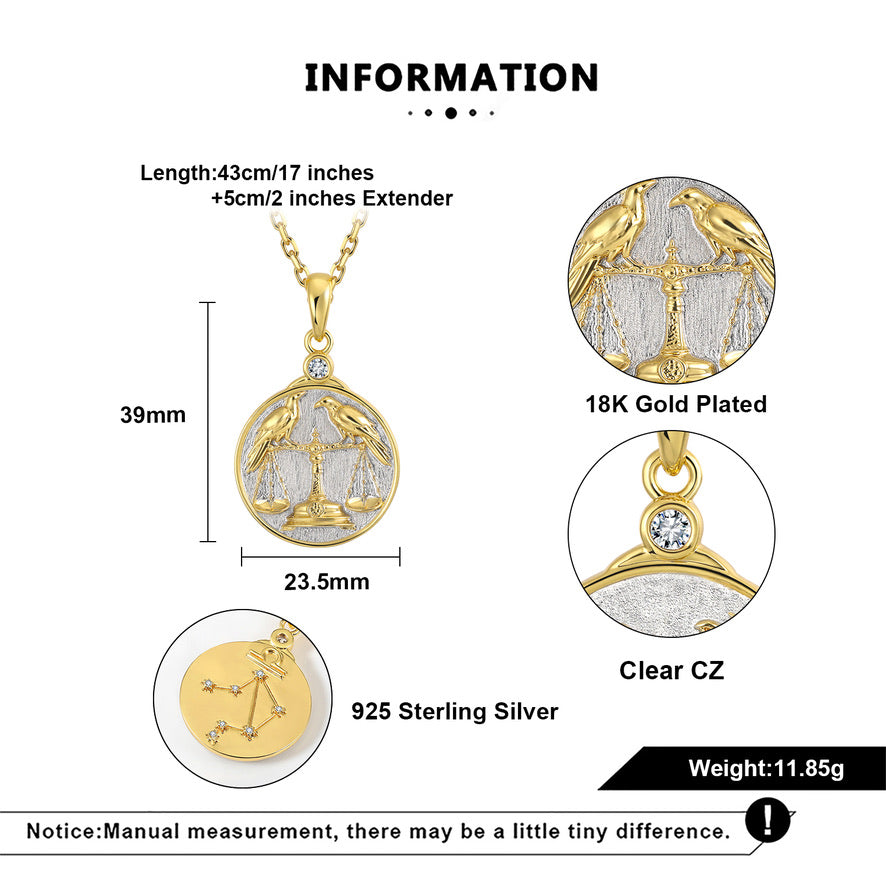 Gold and silver pendant with detailed measurements and specifications on a white background