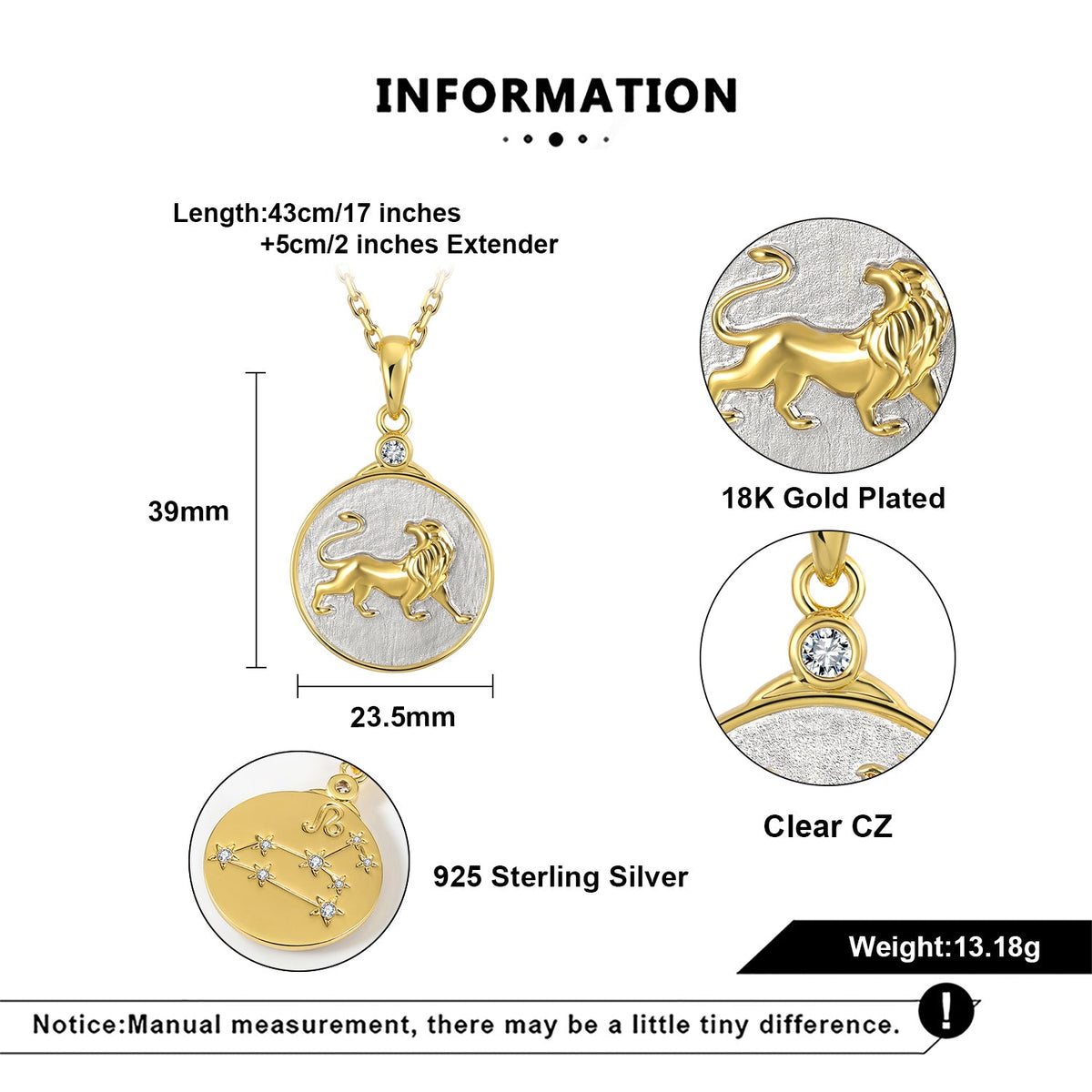 Gold and silver Leo lion pendant necklace with detailed specifications on a white background