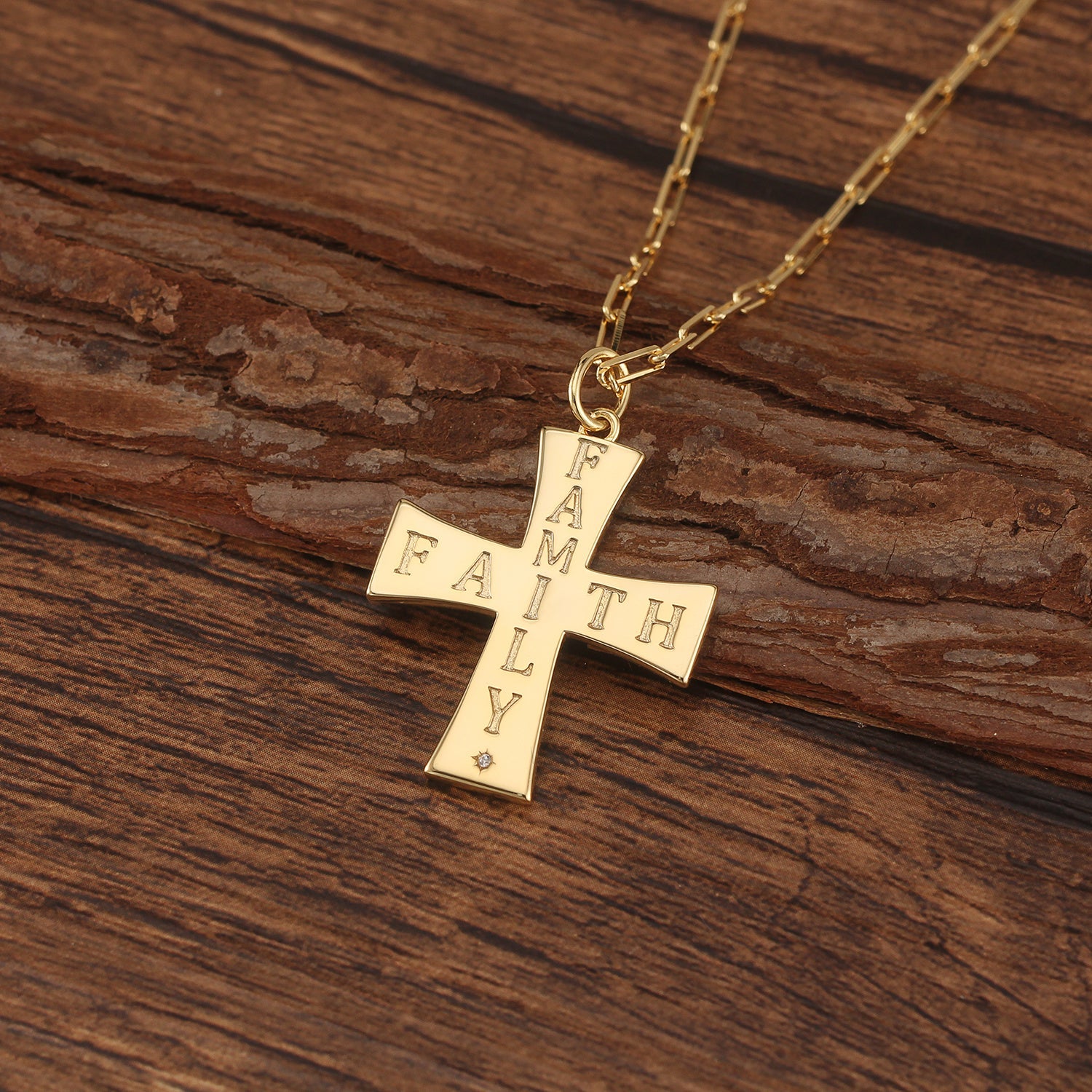 Touchstone Cross Faith/Family Engraved on Cross Necklace Gold