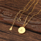 Saints and Saviors Dainty Fancy Initial Pendant Necklace modern letter A engraved on small gold disc