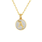 Saints and Saviors Dainty Fancy Initial Pendant Necklace gold letter A on small silver disc