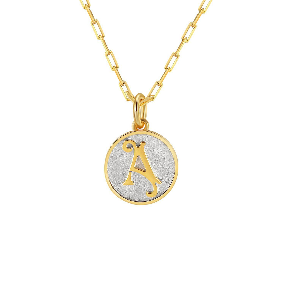 Saints and Saviors Dainty Fancy Initial Pendant Necklace gold letter A on small silver disc