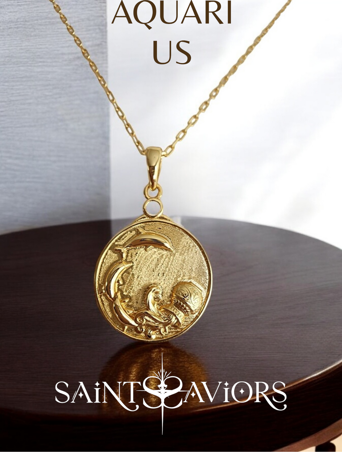 Gold Zodiac Aquarius pendant necklace on a wooden surface 