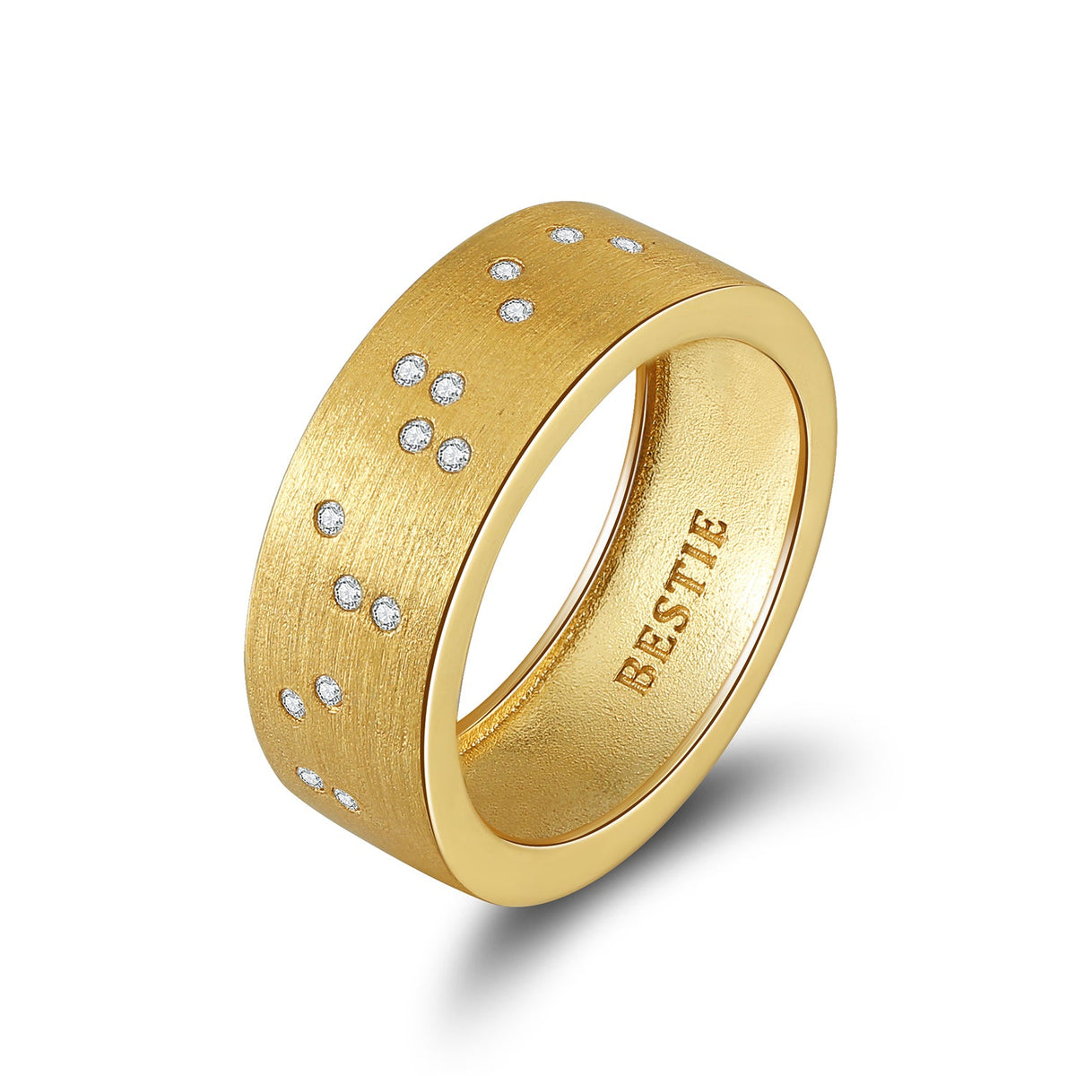 Touchstone 'Bestie' Braille Band Ring Brushed Gold with Crystals