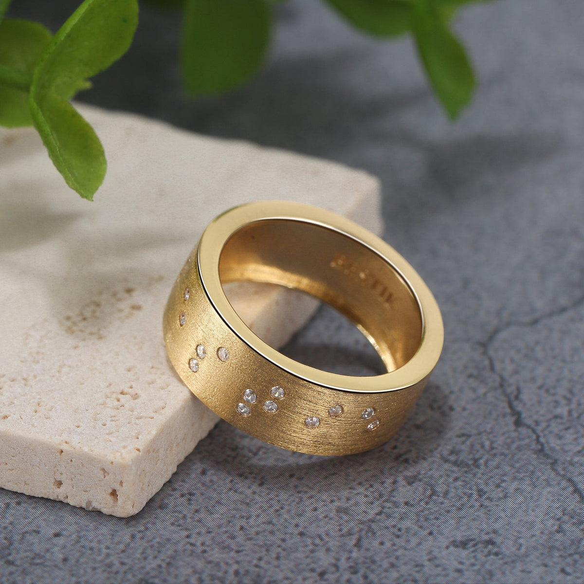Touchstone Bestie Braille Band Ring Brushed Gold with Crystals