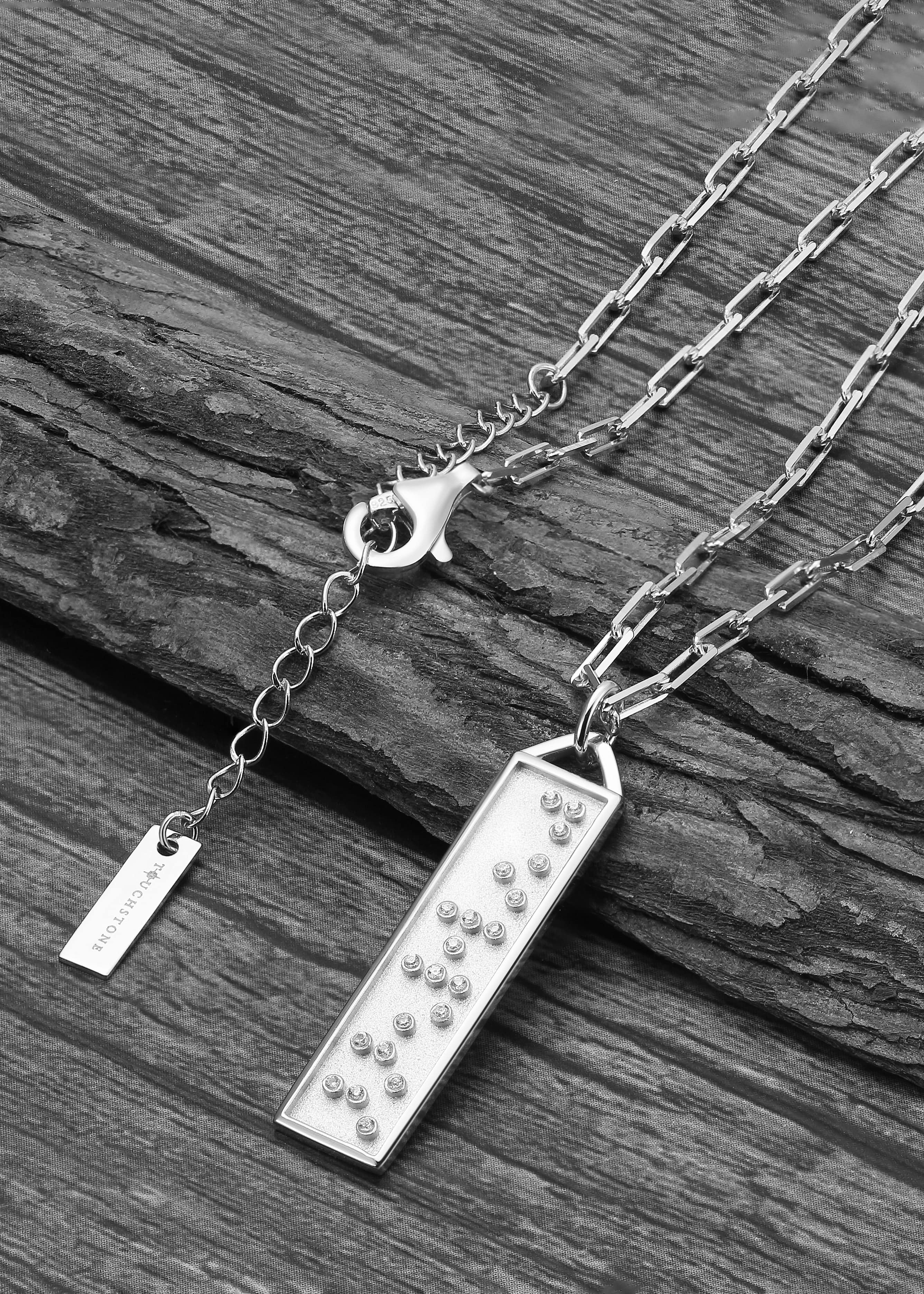 Touchstone Fearless Bar Necklace Silver Braille Crystals