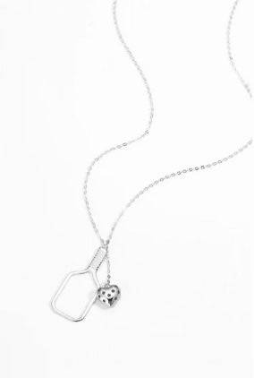 Pickleball Love Silver Heart with Paddle Necklace
