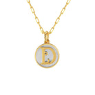 Saints and Saviors Dainty Fancy Initial Pendant Necklace gold letter D on small silver disc