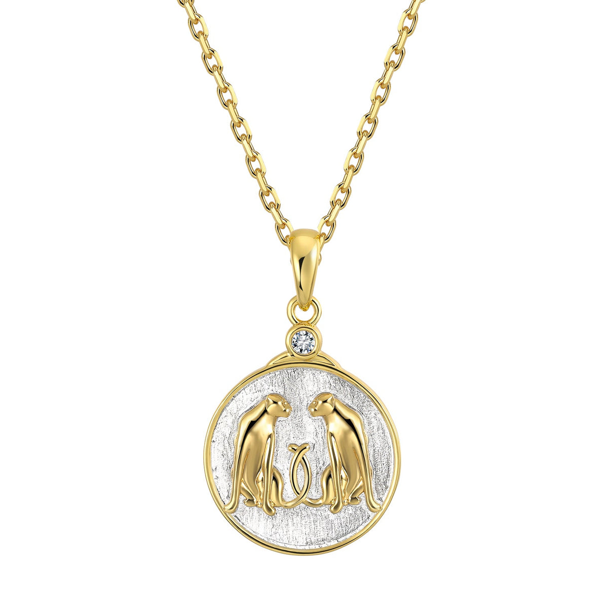 Gold and silver necklace with a round Gemini zodiac pendant featuring two leopards on a white background