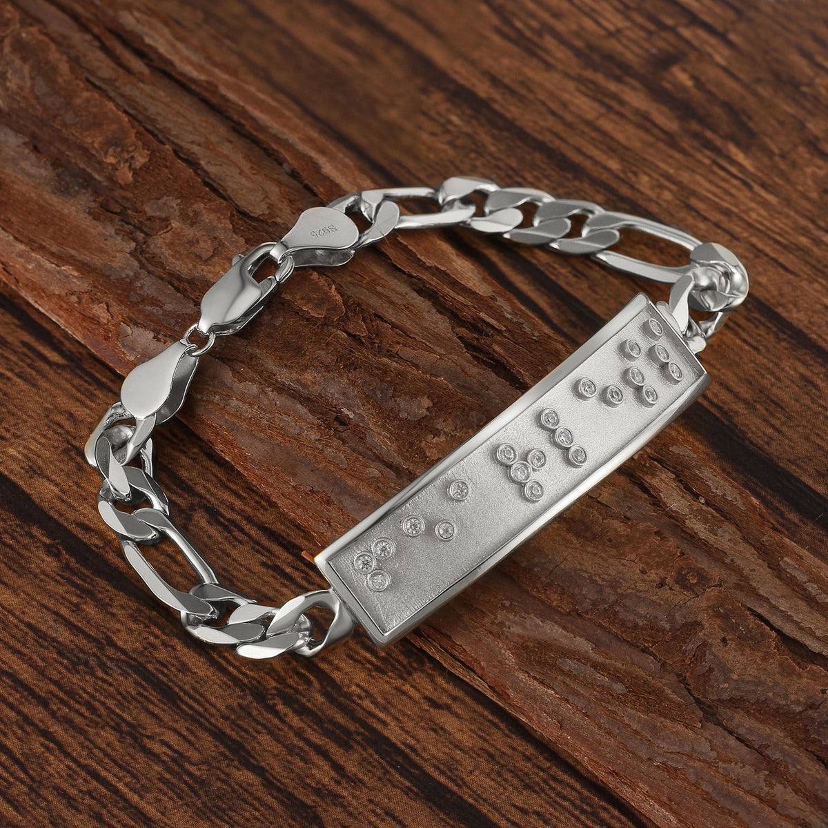 Touchstone 'Fearless' in Braille Crystals ID Link Bracelet in Silver