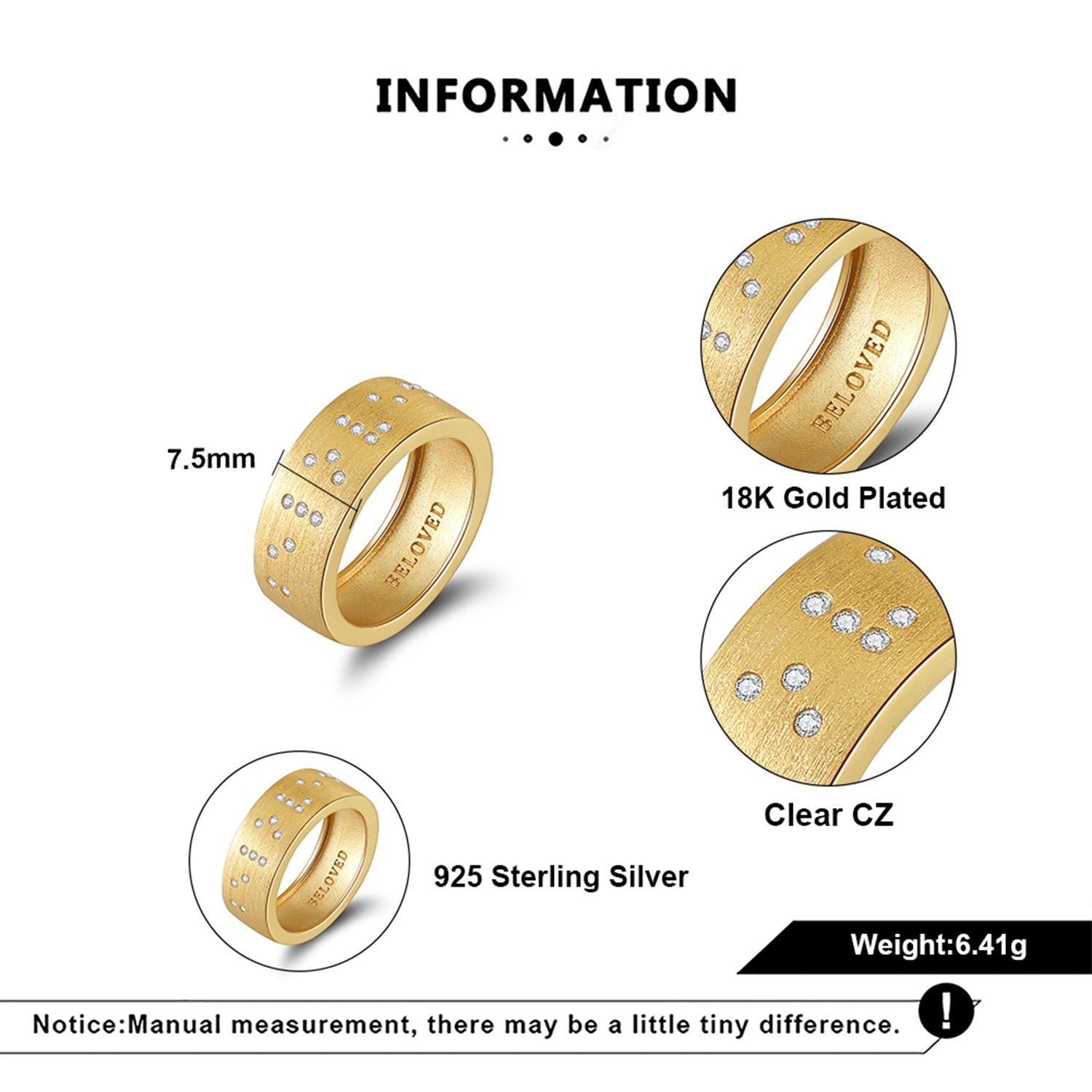 Touchstone Beloved Band Ring Brushed Gold Specs