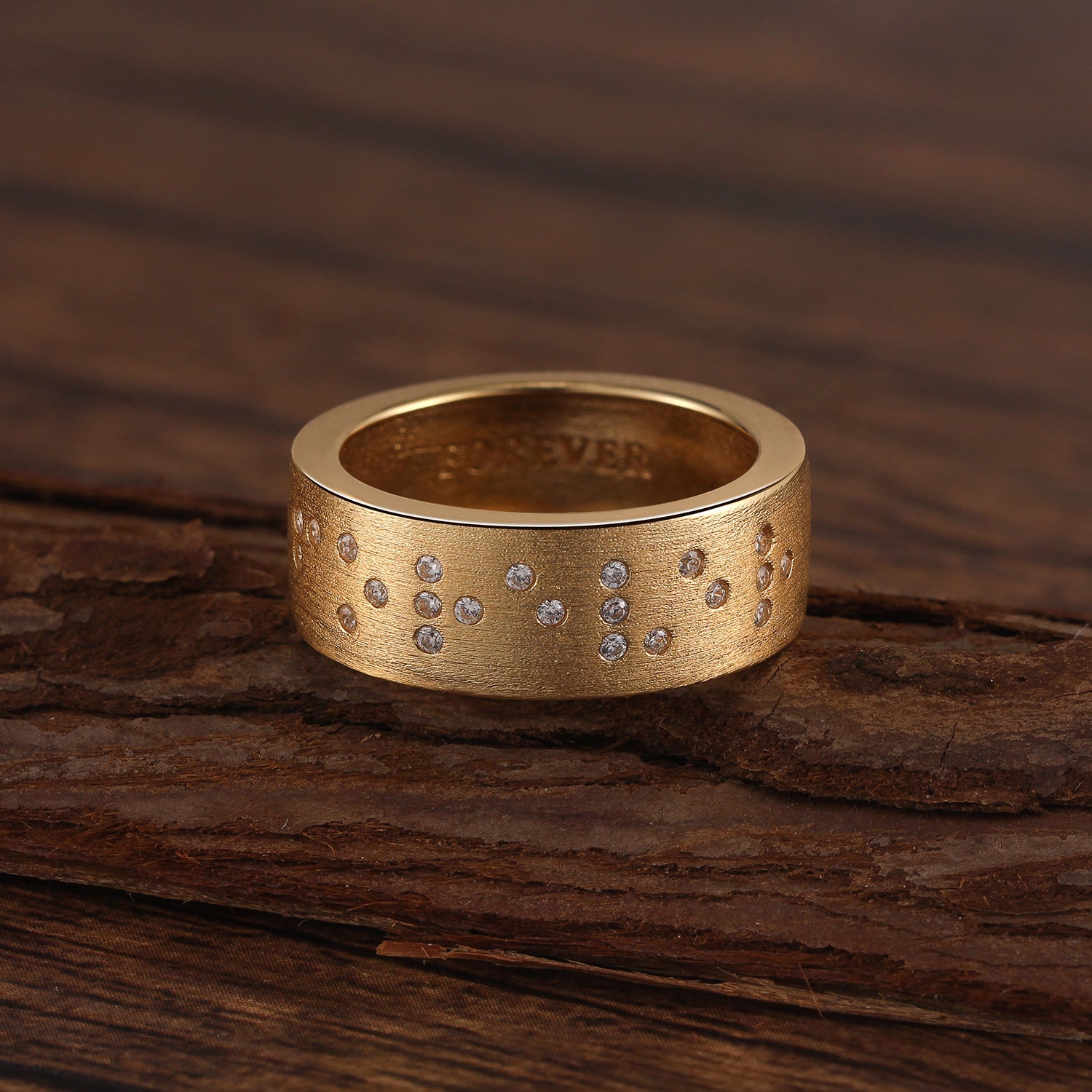 Touchstone Forever Braille Band Ring Brushed Gold with Crystals